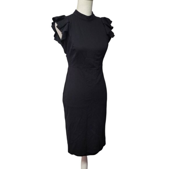 Lulus Black Dress Open Back Fitted Zip Back Ruffle Cap Sleeve Womens Medium - Picture 12 of 12